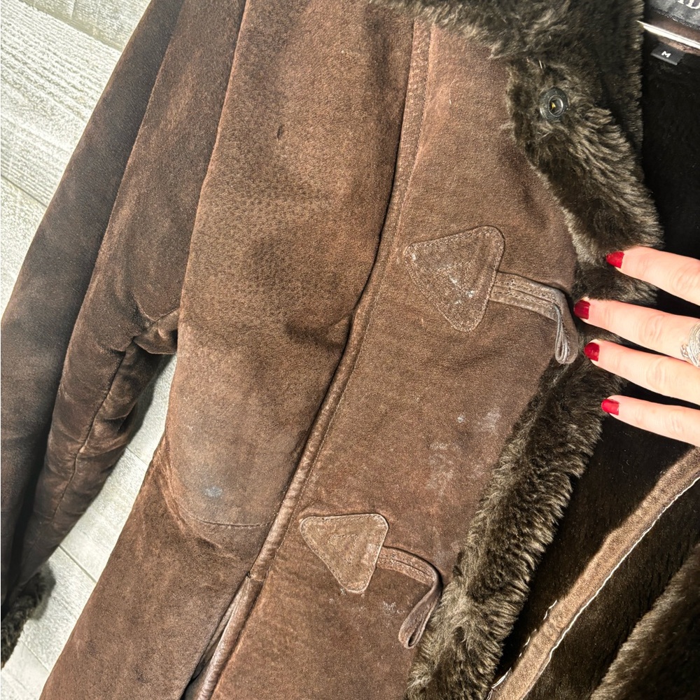 Steve Madden 100% leather Y2K penny lane Brown Faux Fur shearling Trimmed Jacket - Picture 4 of 6